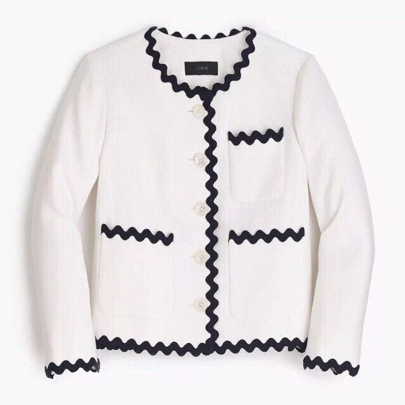 J.CREW Jackets & Blazers - J Crew Linen Jacket Womens 2 White Blue Blazer Ric Rac Trim Career Office